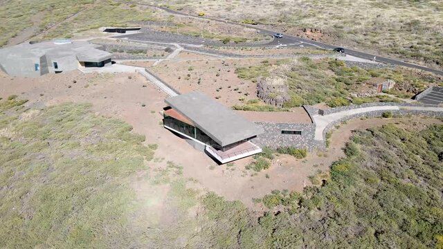 aerial orbit of futuristic visitor center at the Roque de los Muchachos Observatory