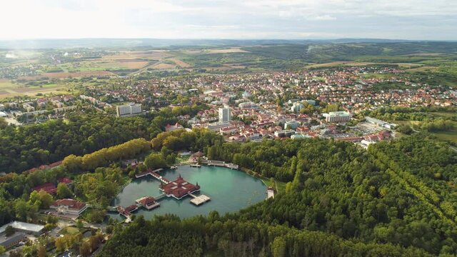 Aerial drone shot of wonderful Lake H&eacute;v&iacute;z on a beautiful day with town of Hev&iacute;z in the background