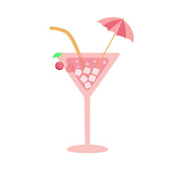 Cocktail icon or sign. Martini glass with cherry, cocktail umbrella and drinking straw. Isolated Flat Cartoon Illustration. 