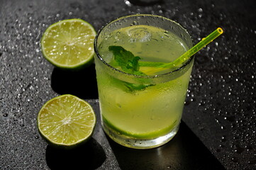 Natural juice with mint and lime in a glass