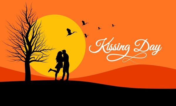 Romantic moment, silhouette of lovers kissing on sunset background, as invitation background or template, international kissing day, valentines day, vector illustration.