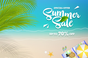 Fototapeta na wymiar Summer sale banner with tropical beach view background