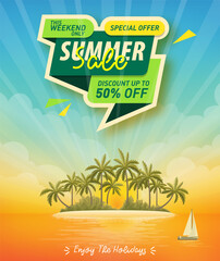 Fototapeta na wymiar Summer sale poster with tropical island view background 