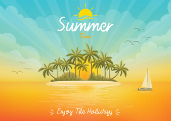 Summer time poster with tropical island view background 