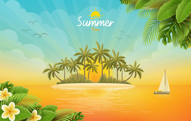 Fototapeta na wymiar Summer time poster with tropical island view background 