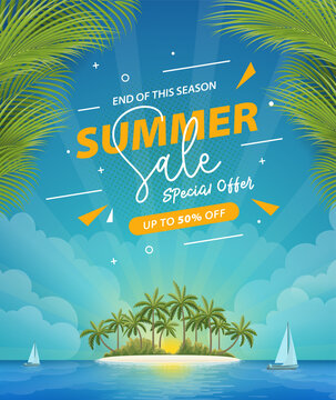 Summer sale poster with tropical island view background 