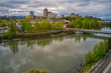 Fototapeta na wymiar Aerial View of the popular Fishing Spot of Ship Creek in Anchorage, Alaska