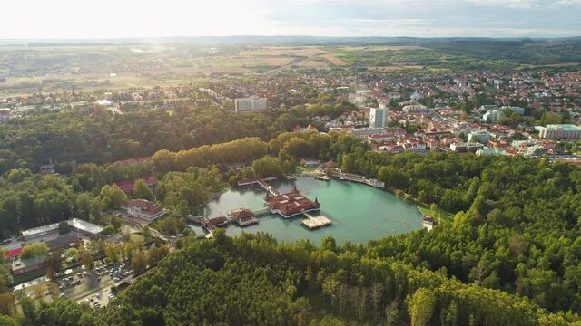Aerial drone shot of wonderful Lake H&eacute;v&iacute;z on a beautiful day with town of Hev&iacute;z in the background
