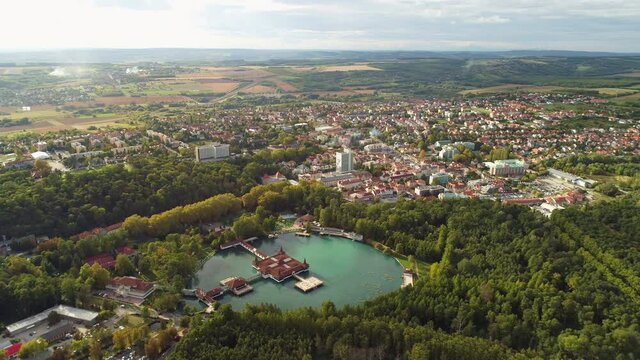 Aerial drone shot of wonderful Lake H&eacute;v&iacute;z on a beautiful day with town of Hev&iacute;z in the background
