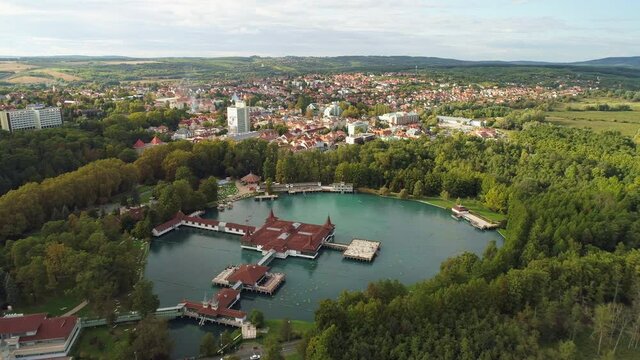 Aerial drone shot of wonderful Lake H&eacute;v&iacute;z on a beautiful day with town of Hev&iacute;z in the background