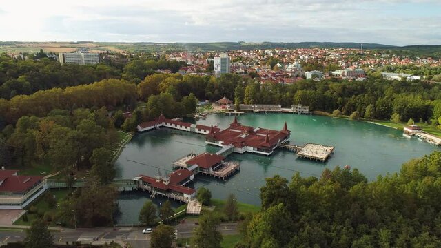 Aerial drone shot of wonderful Lake H&eacute;v&iacute;z on a beautiful day with town of Hev&iacute;z in the background