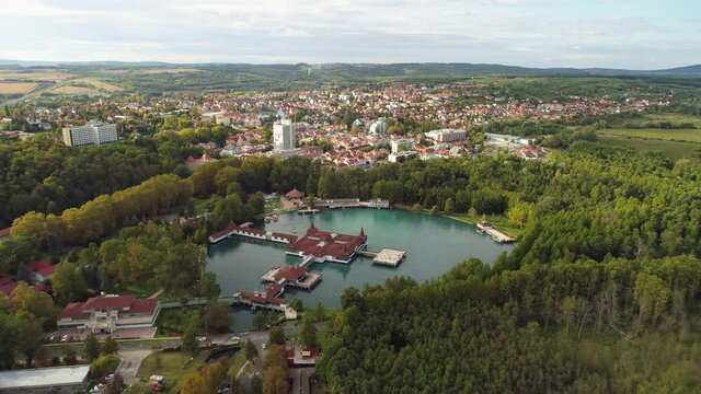 Aerial drone shot of wonderful Lake H&eacute;v&iacute;z on a beautiful day with town of Hev&iacute;z in the background