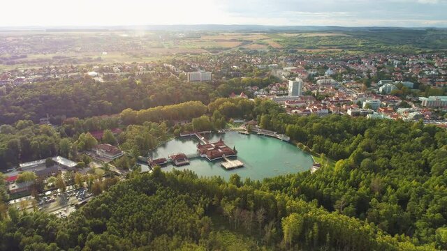 Aerial drone shot of wonderful Lake H&eacute;v&iacute;z on a beautiful day with town of Hev&iacute;z in the background