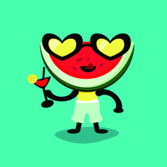 Watermelon funny cartoon vector design drinking fresh drink enjoying summer