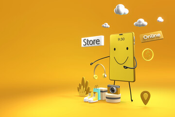 Shopping online and delivery on popular mobile applications around the world with yellow cartoon phones and boxes, gifts, cameras, shoes on gradient yellow-orange background.3D rendering