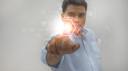 Businessman Asian and digital composite of hand touching abstract wave on virtual screen. Future network technology concept.