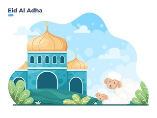 Sacrificed or qurban tradition while Eid al Adha Mubara. Happy Eid Adha Islamic Sacrifice Festival flat illustration vector. can be used for greeting card, invitation, post card, banner, poster.