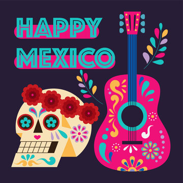 Mexican traditional festival Day of the Dead poster illustration. Skull in a wreath and a guitar with colorful patterns.