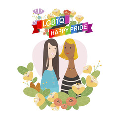 LGBTQ happy pride female couple.  There is a couple character between the flowers and a rainbow ribbon on it.