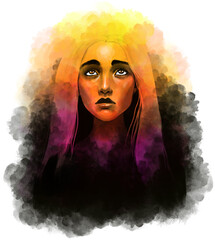 Fototapeta premium beautiful stylish art illustration of a girl or woman in depression and anxiety. Looks up from a black cloud of problems