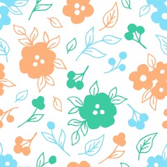 Simple calm floral vector seamless pattern. Blue, green, beige flowers, leaves, twigs on a white background. For prints of fabrics, textile products.