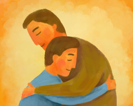 Embrace. The man hugs his son. Support and psychological assistance