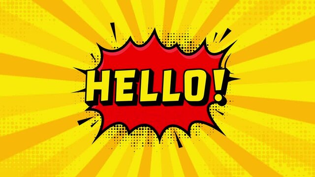 Hello in vintage style. Cartoon style . Pop art. Motion graphics. Wow effect.