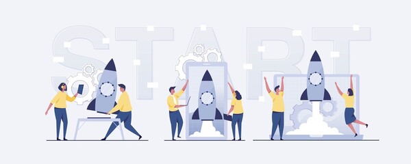 Flat-hand drawn people starting a business project. illustration Vector