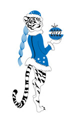 Fototapeta na wymiar Snow Maiden tigress in New Year's outfit. Symbol of the Year of the Chinese calendar Tiger 2022. Festive greeting card, print. 