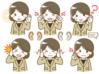 耳に異常があるスーツの中年女性