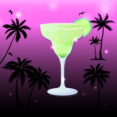 the flyer cocktail party on the tropical beach with lights on purple gradient background 