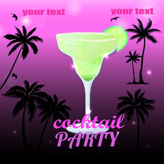 cocktail party flyer on the tropical beach with lights on purple gradient background 