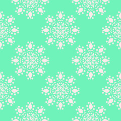 Snowflake Mandala pattern. round flower  tone winter snowflakes cold season monochrome tone vector pattern seamless. Seamless Pattern with Mandala motifs, Indian fresh tileable pattern in light blue