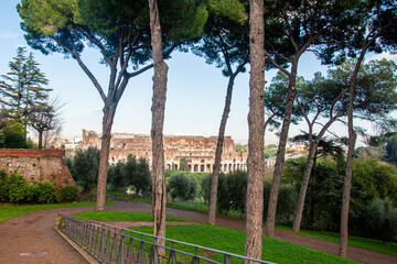 Trees and Roman architecture across the Italian skyline in Rome, Italy	