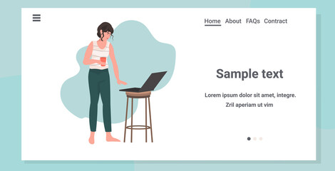 woman freelancer drinking coffee working on laptop stay home coronavirus pandemic quarantine