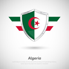 Elegant glossy shield for Algeria country with happy independence day greeting background