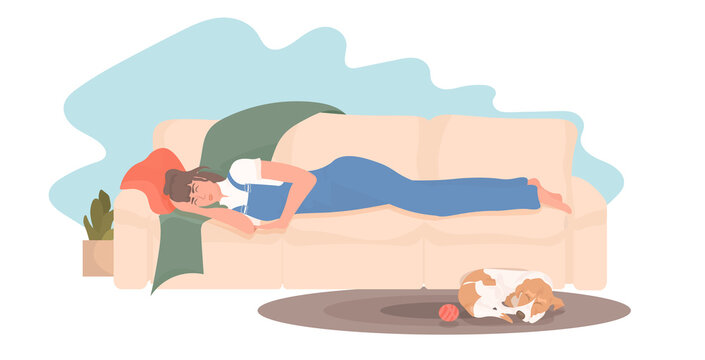 girl sleeping on couch in her living room dog relaxing on carpet coronavirus quarantine stay home