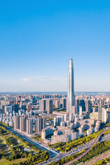 Aerial photography of the city skyline of Chow Tai Fook Financial Center, Binhai New Area, Tianjin,...