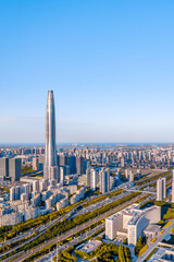 Aerial photography of the city skyline of Chow Tai Fook Financial Center, Binhai New Area, Tianjin,...
