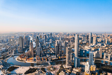 Aerial photography of Tianjin Jinwan Square and Century Clock CBD city skyline, China