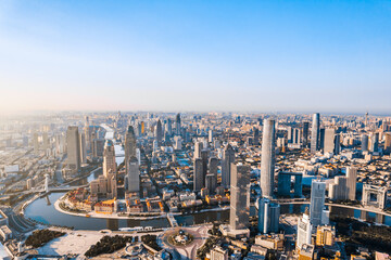 Obraz premium Aerial photography of Tianjin Jinwan Square and Century Clock CBD city skyline, China