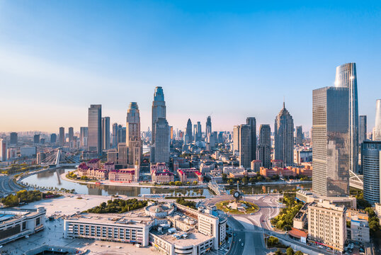 Aerial photography of Tianjin Jinwan Square and Century Clock CBD Skyline, Tianjin, China