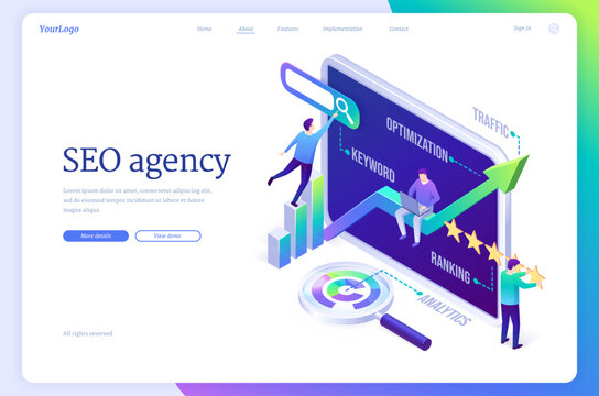SEO agency isometric landing page. Tiny analysts characters and huge tablet pc desktop search engine optimization technology for internet marketing and digital business content, 3d vector web banner