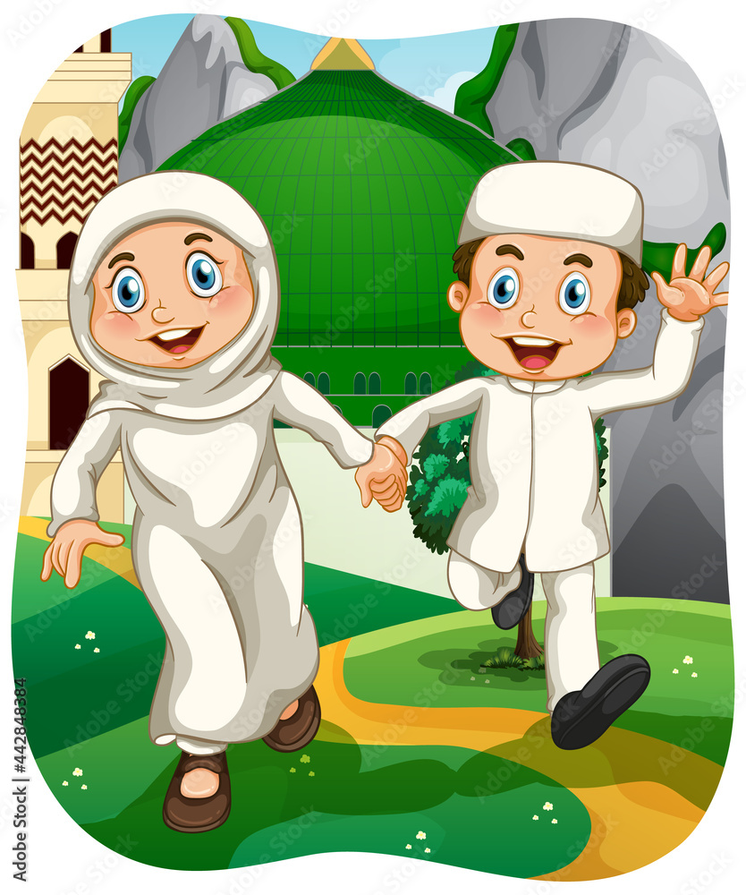 Poster muslim sister and brother cartoon character