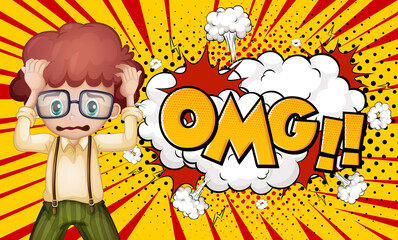 OMG word on explosion background with boy cartoon character
