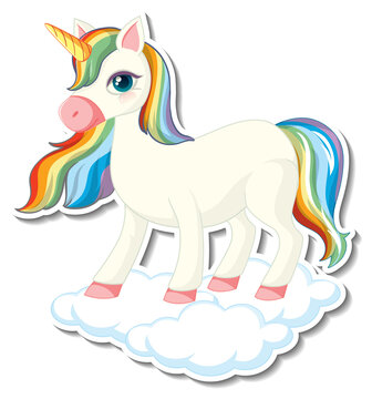 Cute unicorn stickers with a rainbow unicorn standing on the cloud