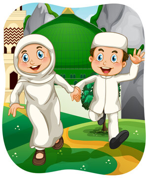 Muslim sister and brother cartoon character