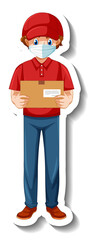 A sticker template with delivery man in uniform holding boxes