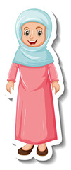 A sticker template with muslim woman cartoon character