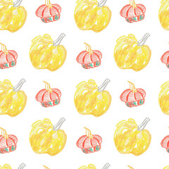 Seamless patterns with fall pumpkins hand drawn in wax crayons.Food print for Thanksgiving with textured pastels on white isolated background.Designs for textiles,packaging,wrapping paper,cards.